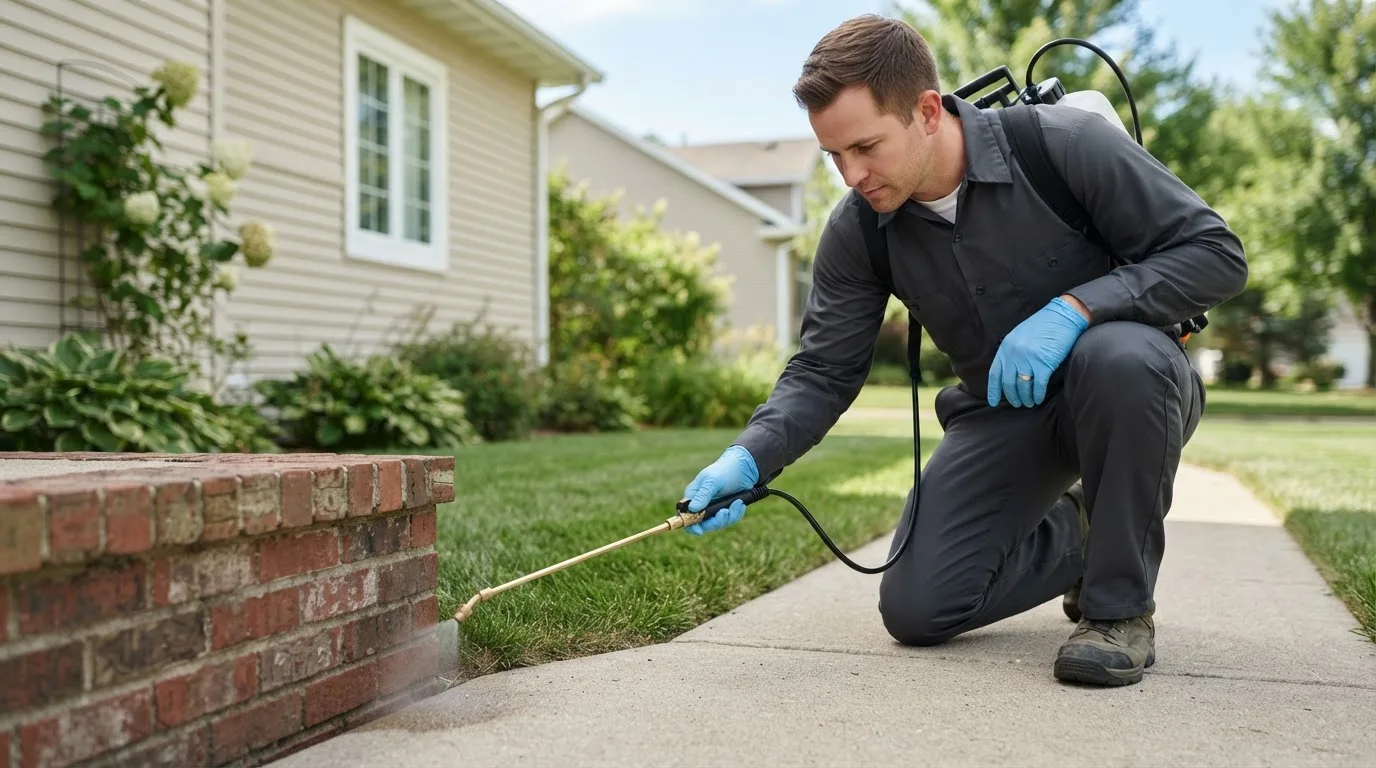 Pest control technician treating a home near Granville, WV