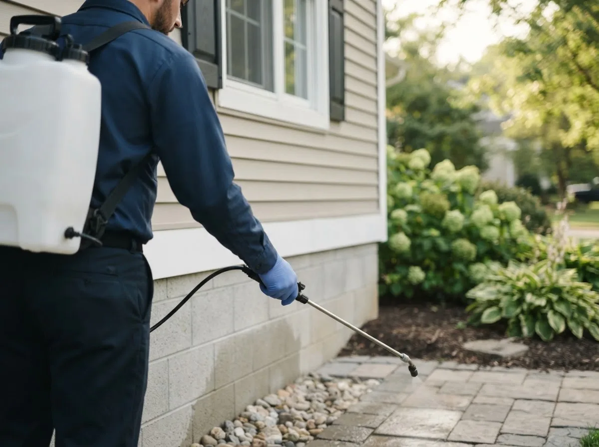 Pest control technician inspecting a home in Granville, WV